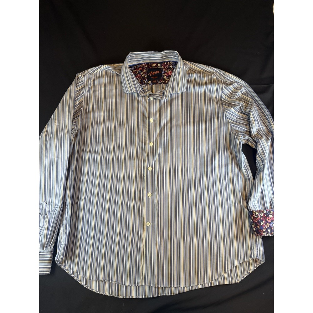 Egara Blue Multi-Colored With Floral Undertone Men's Long Sleeve Button Up, XXL